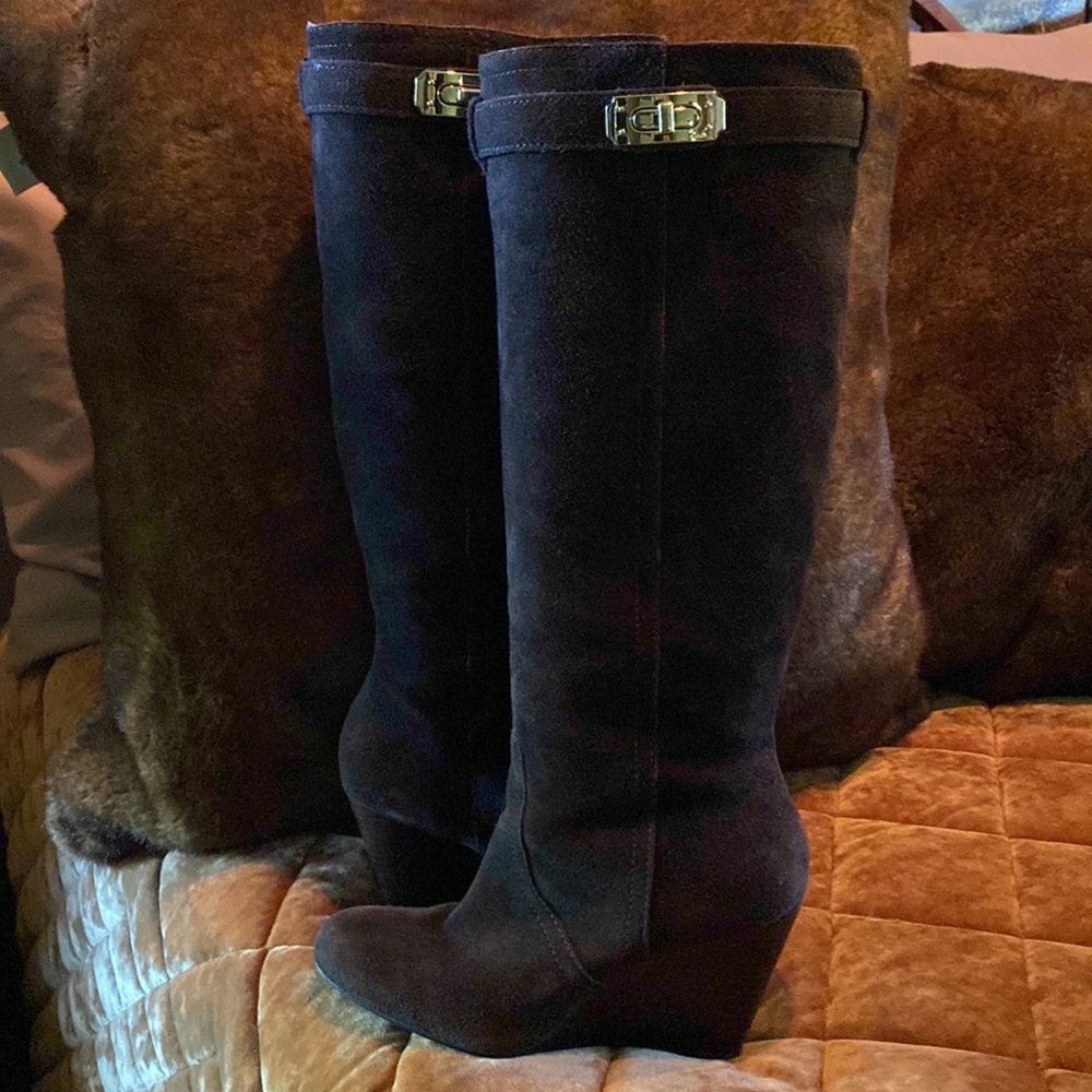 Coach Black Suede Wedge Knee Boots with Gold Hardware